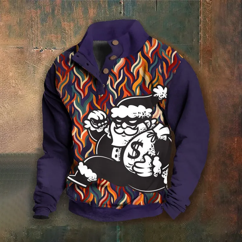 Men's Casual Christmas Print Button Up Sweatshirt