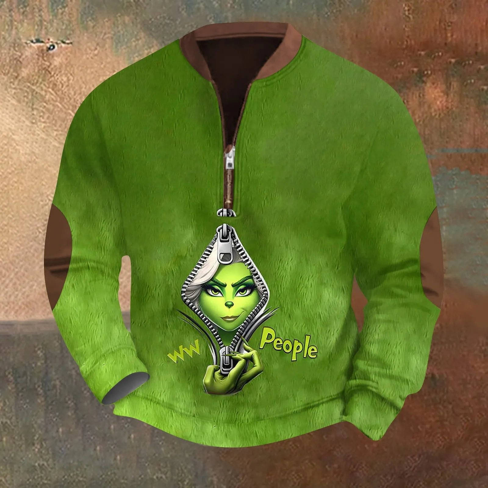 Men's Christmas Cartoon Green Monster Zipper Neck Casual Sweatshirt 2411013067
