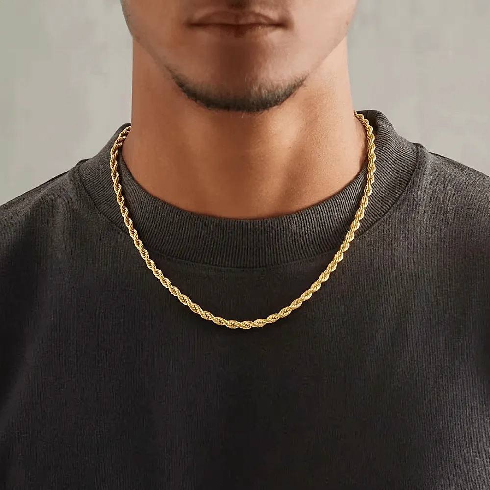 Men's Rope Chain Necklace Gold-Plated Sterling Silver Casual Jewelry