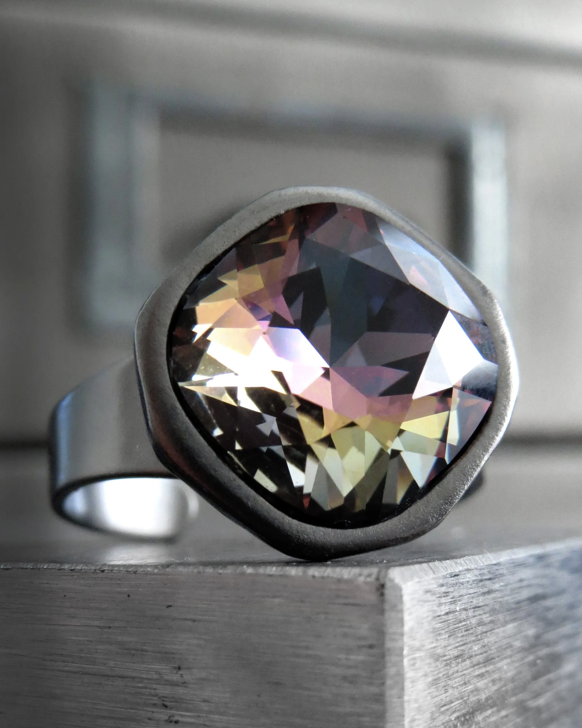 MIDNIGHT in the ROSE GARDEN - Multicolor Dark Grey Crystal Ring
