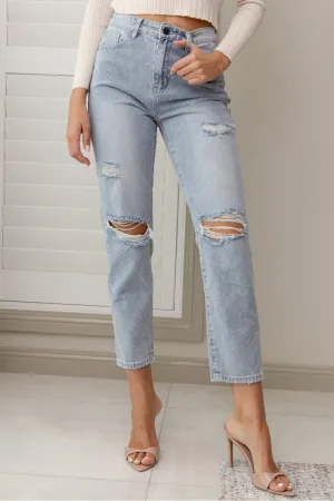 MITZ RIPPED DENIM JEANS - Washed Denim