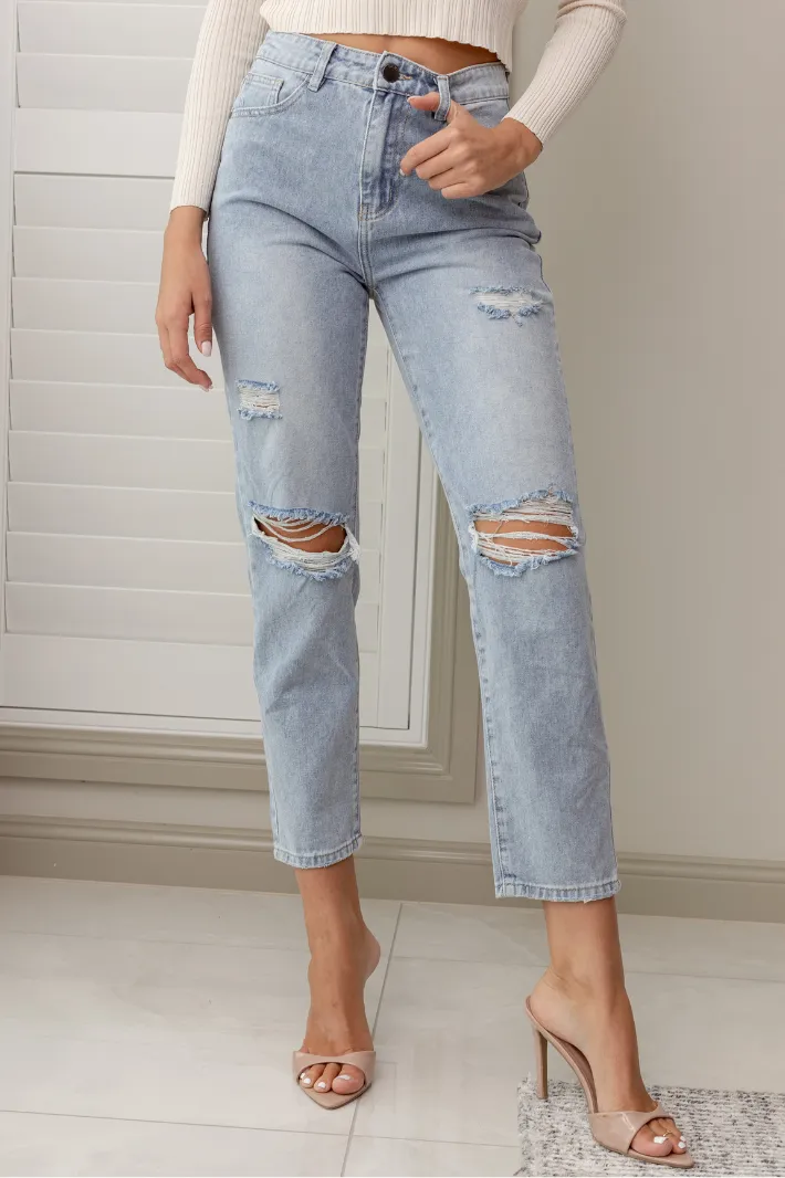 MITZ RIPPED DENIM JEANS - Washed Denim