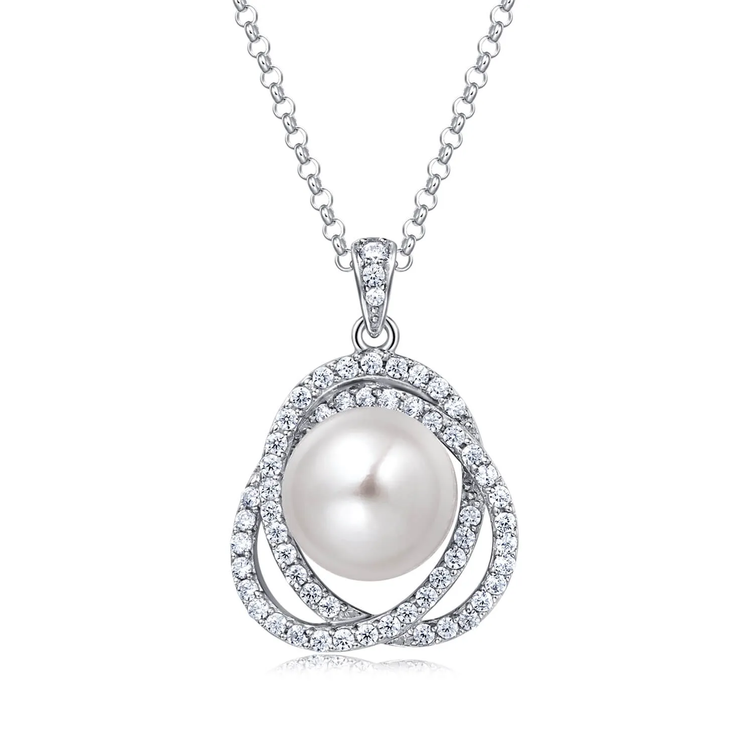 Molah Silver Freshwater Pearl and Cubic Zirconia Swirl Spiral Necklace
