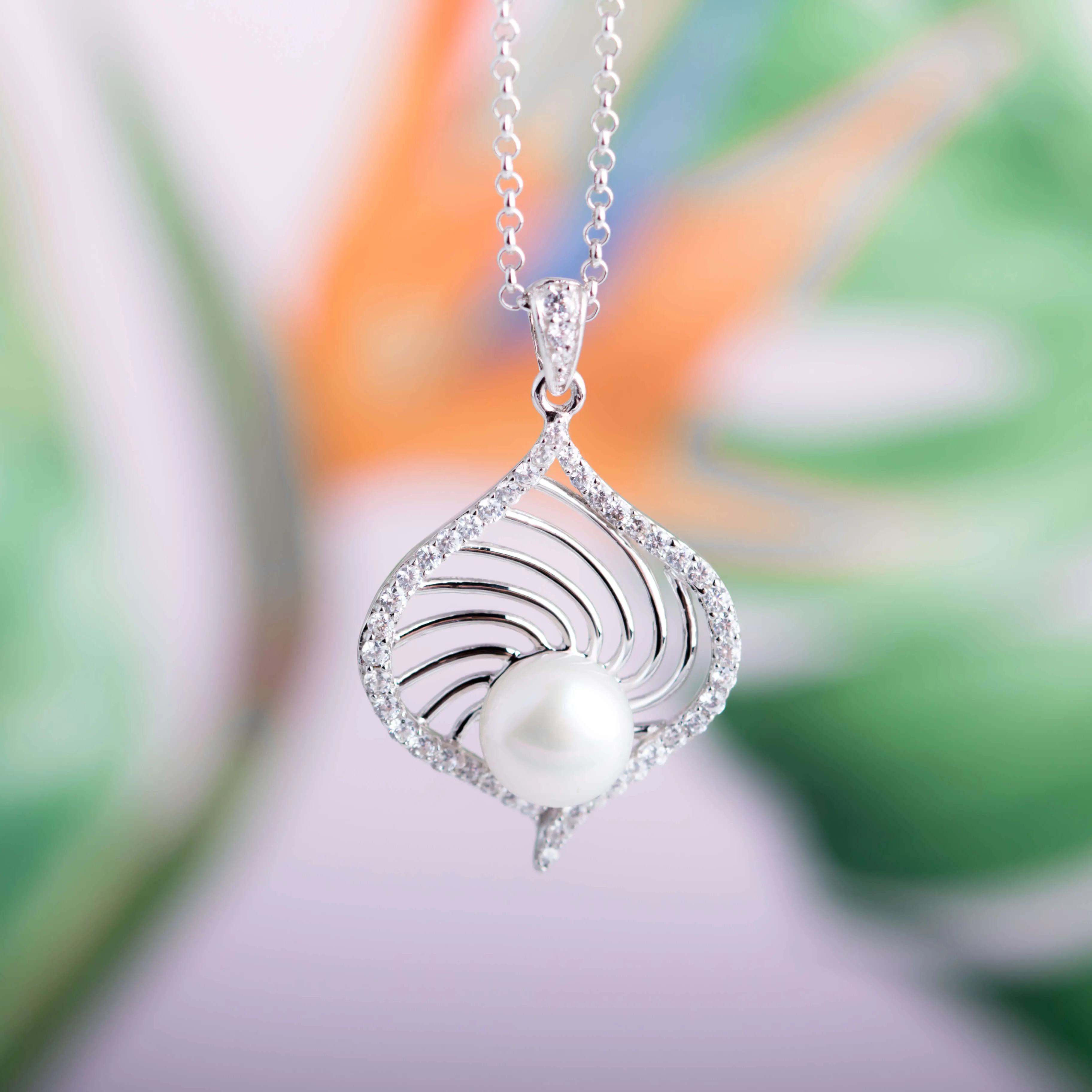Molah Silver Freshwater Pearl and Cubic Zirconia Swirl Spiral Necklace