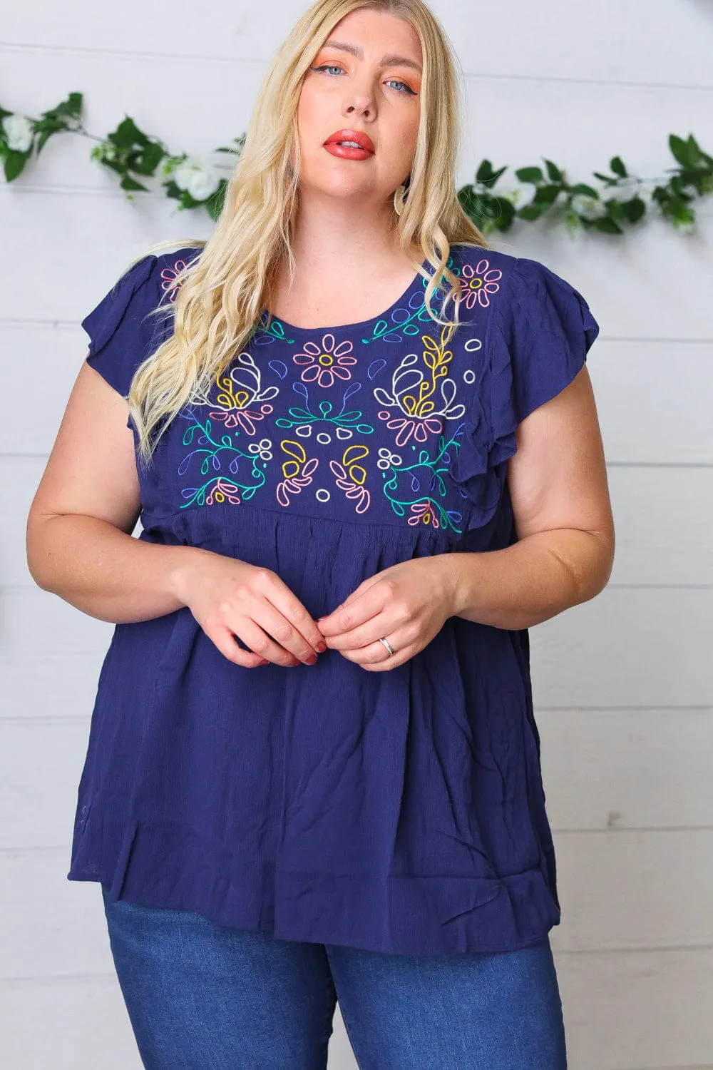 Navy Floral Embroidered Flutter Sleeve Top