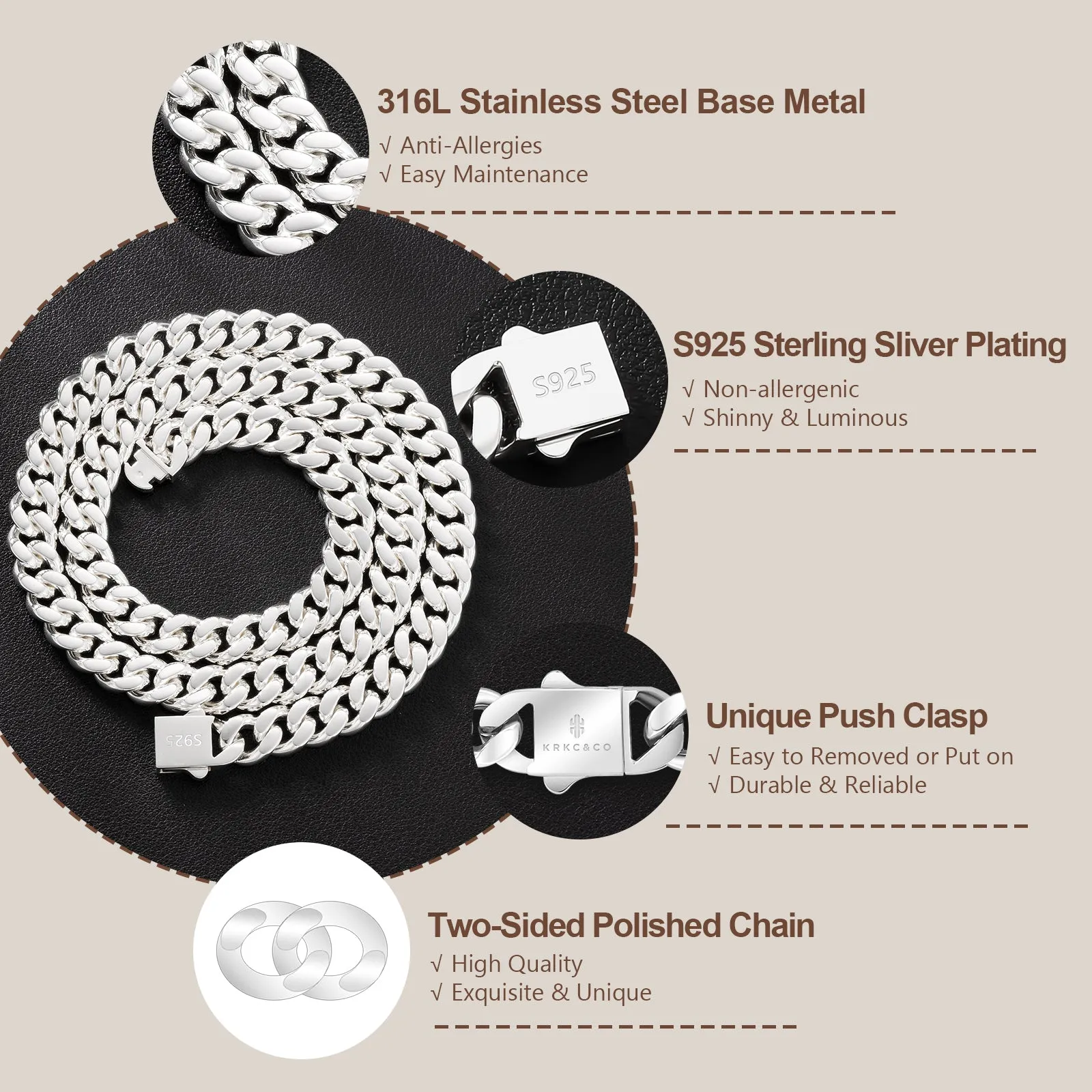 NEW | 10mm Curb Chain Necklace with Hook Buckle Clasp in 925 Sterling Silver