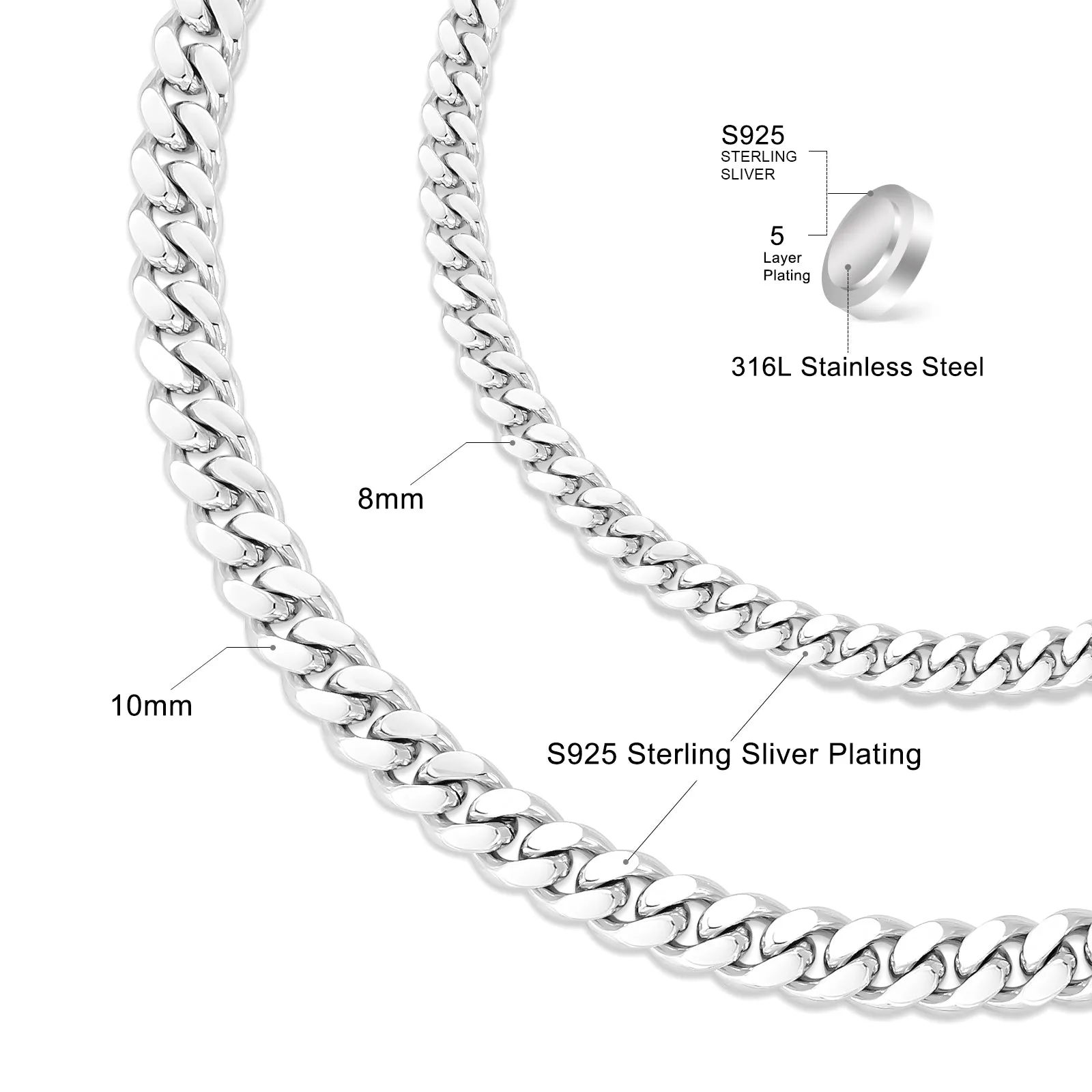 NEW | 10mm Curb Chain Necklace with Hook Buckle Clasp in 925 Sterling Silver
