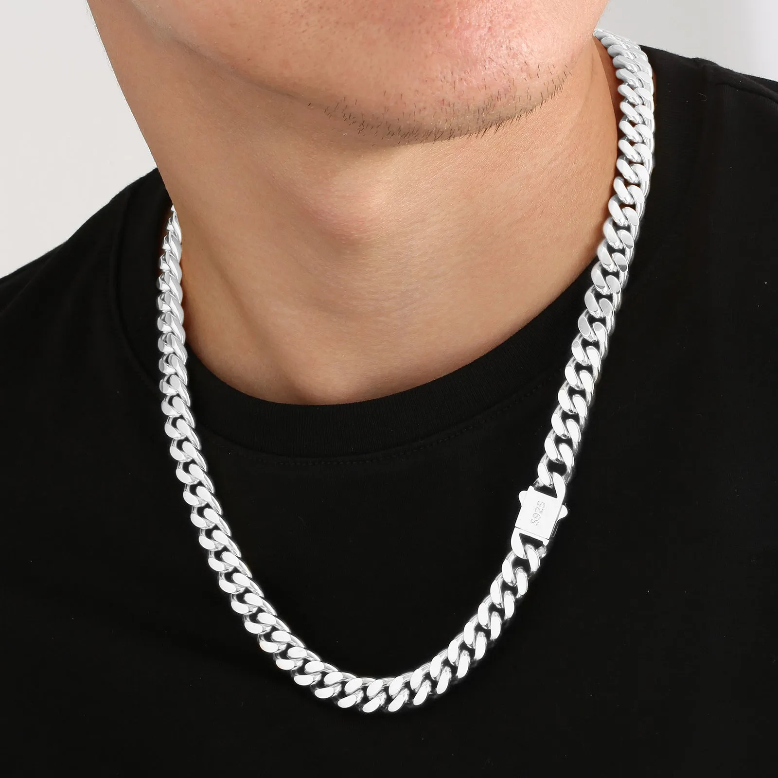 NEW | 10mm Curb Chain Necklace with Hook Buckle Clasp in 925 Sterling Silver