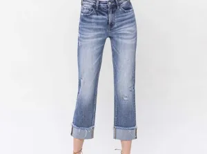 Odessa Rolled Cuff High Rise Straight Denim-CURVY