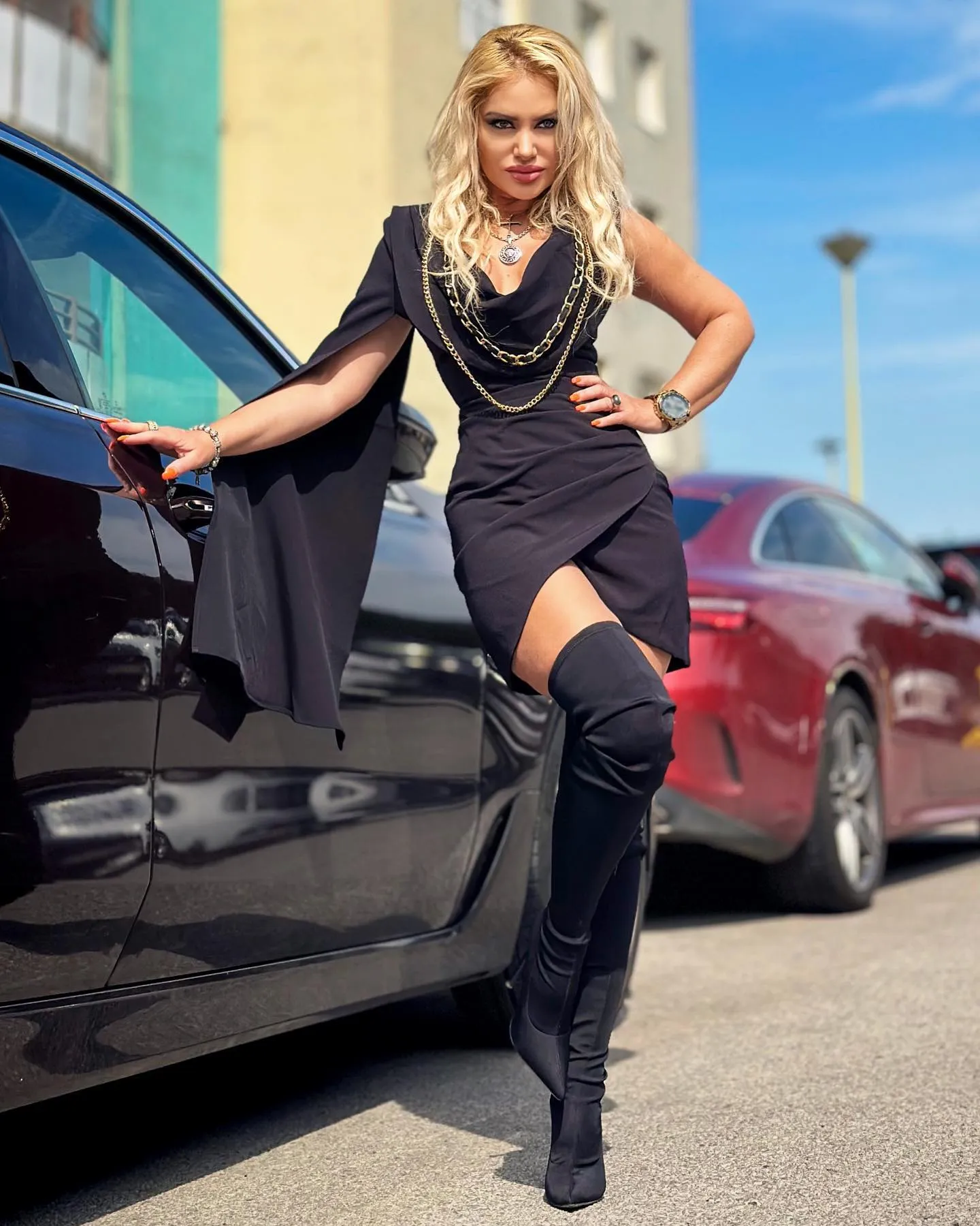One Sleeve Gold Chains Mini Dress