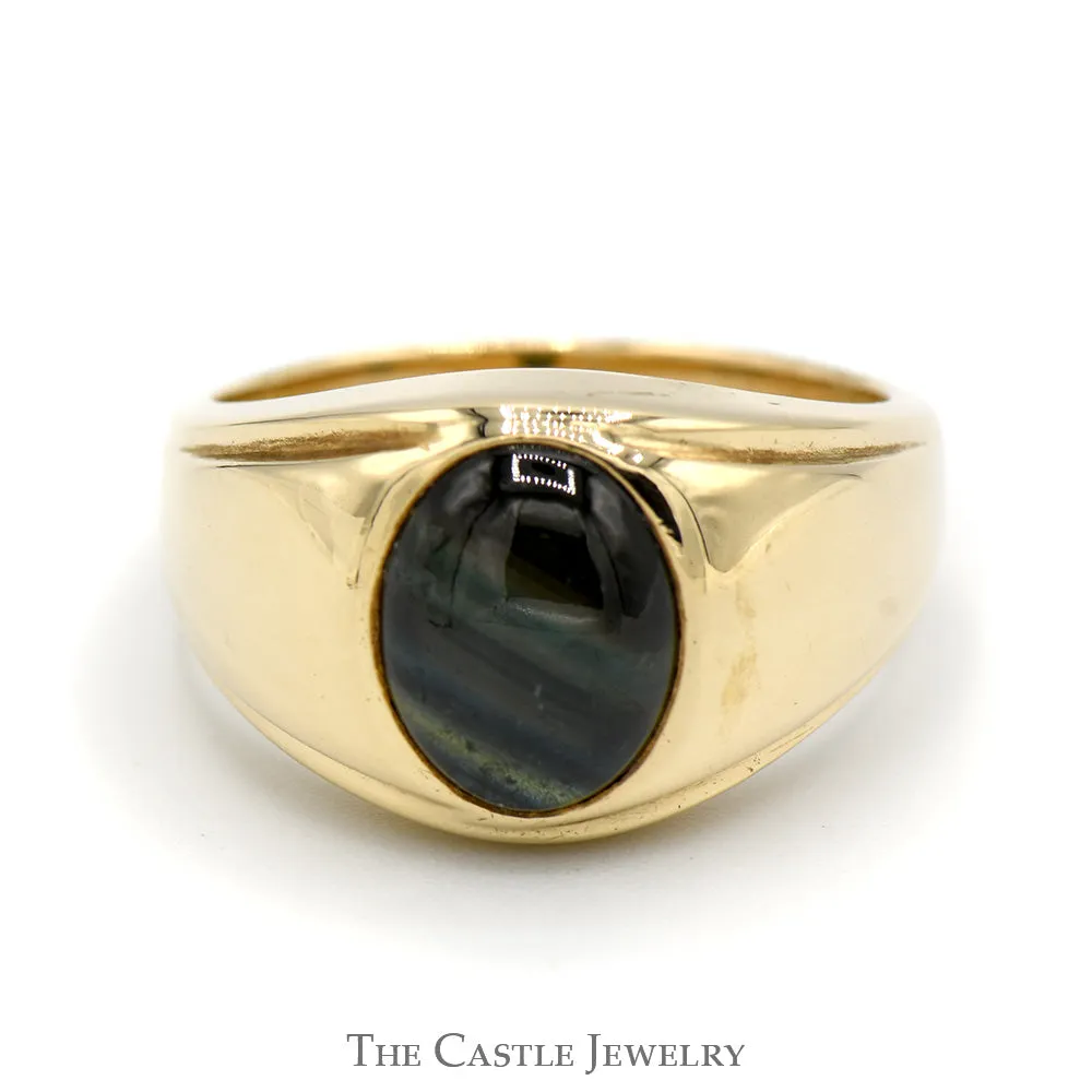 Oval Cabochon Black Star Sapphire Ring with Polished Sides in 14k Yellow Gold