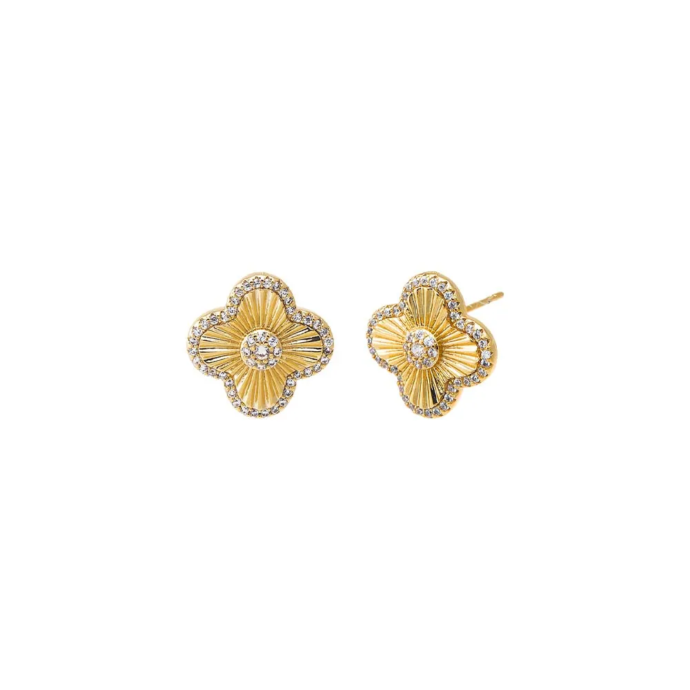 Pave CZ Ridged Four Leaf Clover Stud Earring