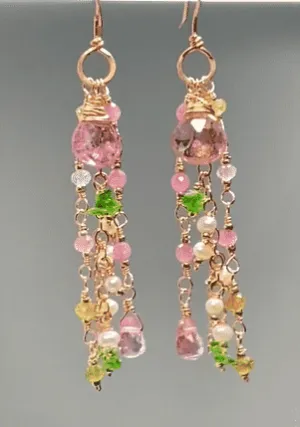Pink Tourmaline Gemstone Rose Gold Long Dangle Earrings 2