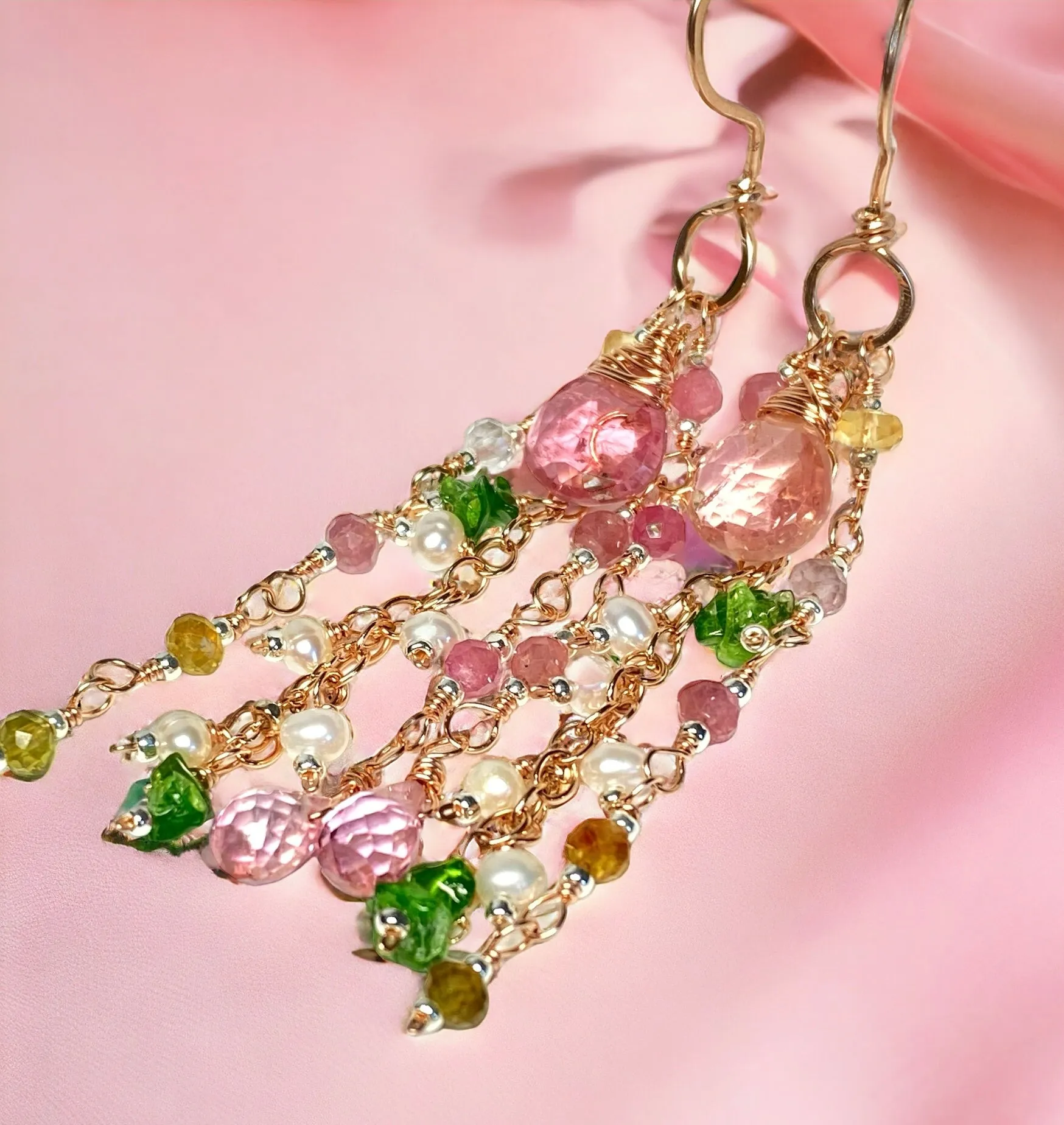 Pink Tourmaline Gemstone Rose Gold Long Dangle Earrings 2