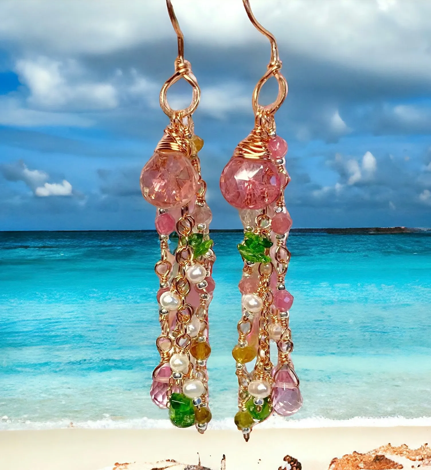 Pink Tourmaline Gemstone Rose Gold Long Dangle Earrings 2