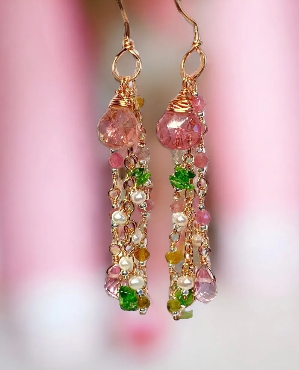 Pink Tourmaline Gemstone Rose Gold Long Dangle Earrings 2