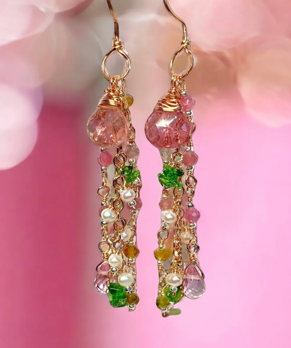 Pink Tourmaline Gemstone Rose Gold Long Dangle Earrings 2