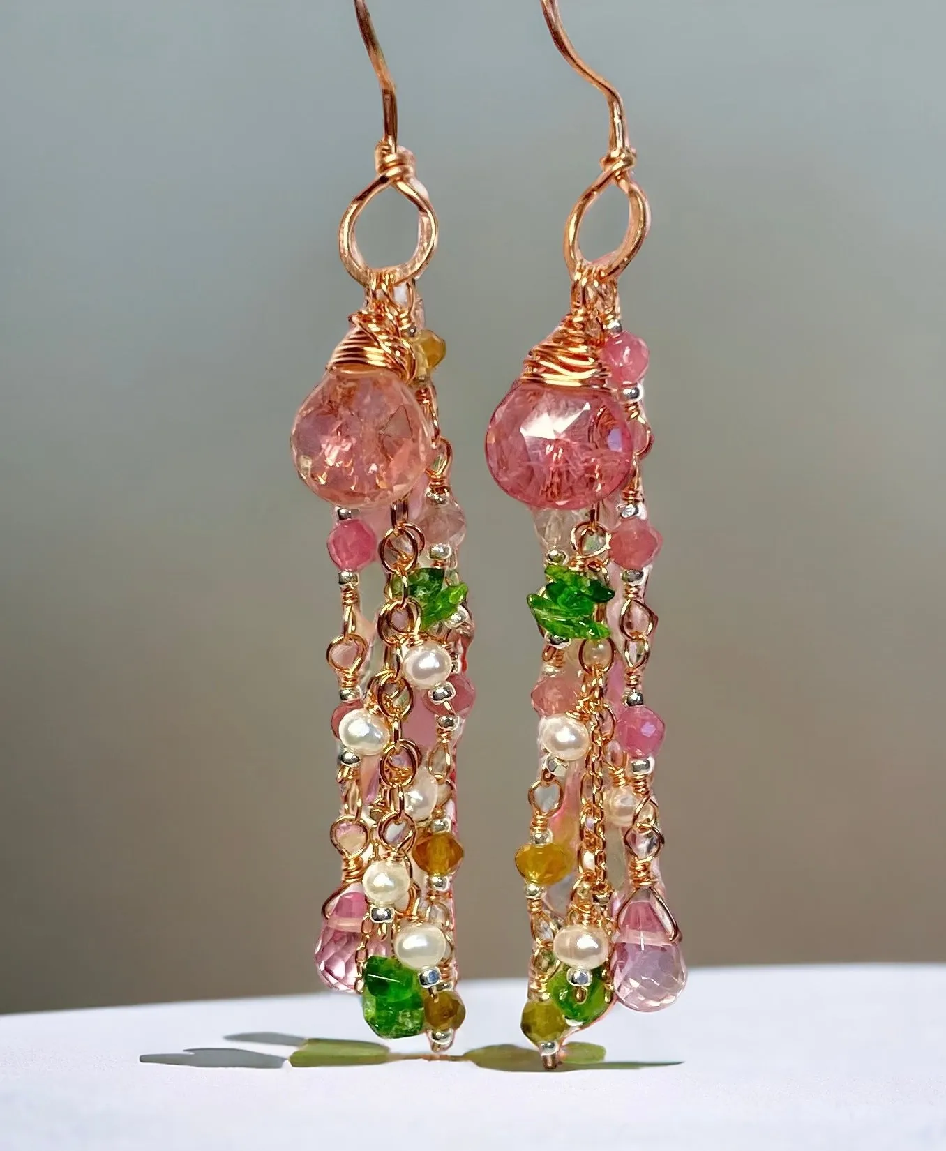 Pink Tourmaline Gemstone Rose Gold Long Dangle Earrings 2
