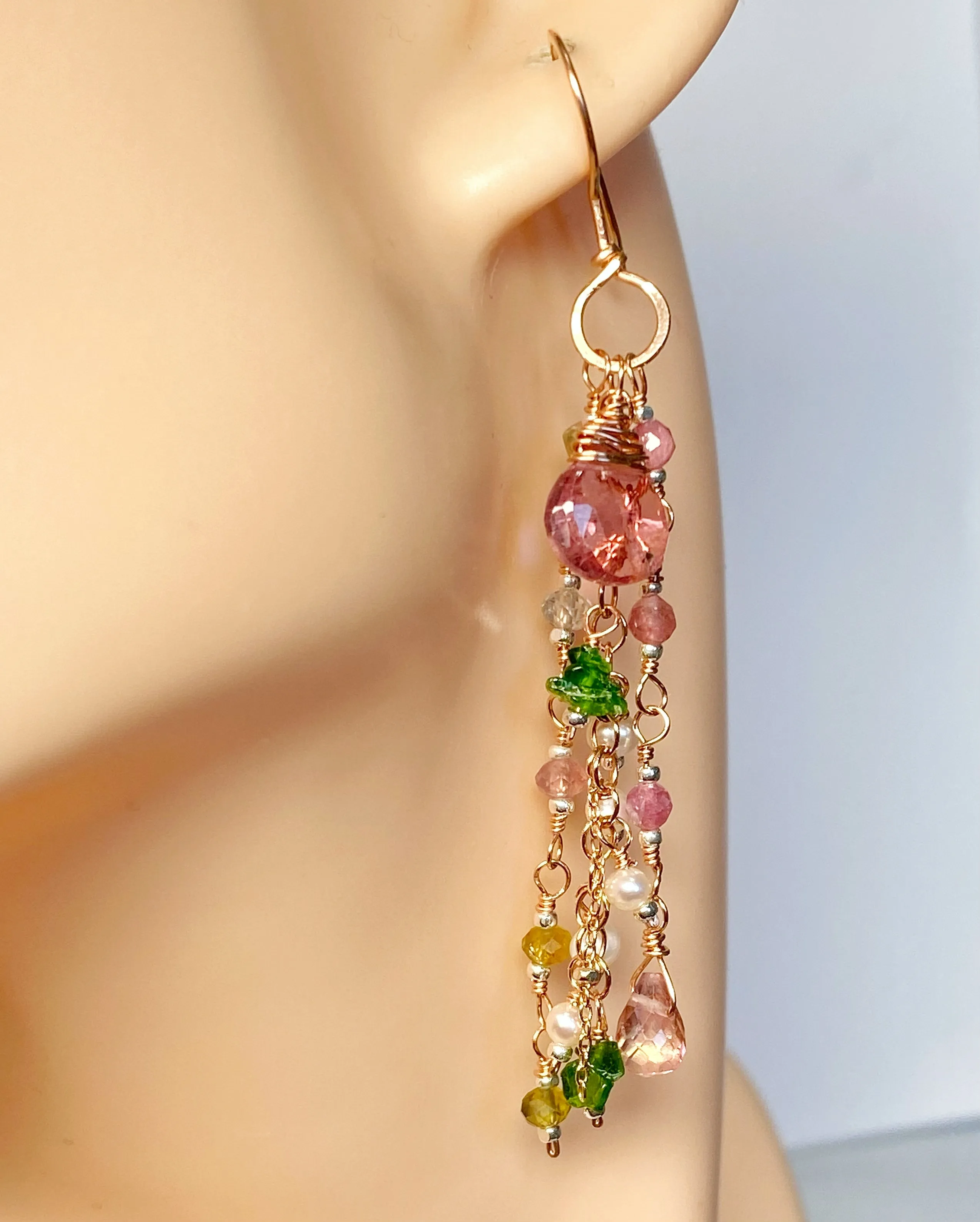 Pink Tourmaline Gemstone Rose Gold Long Dangle Earrings 2