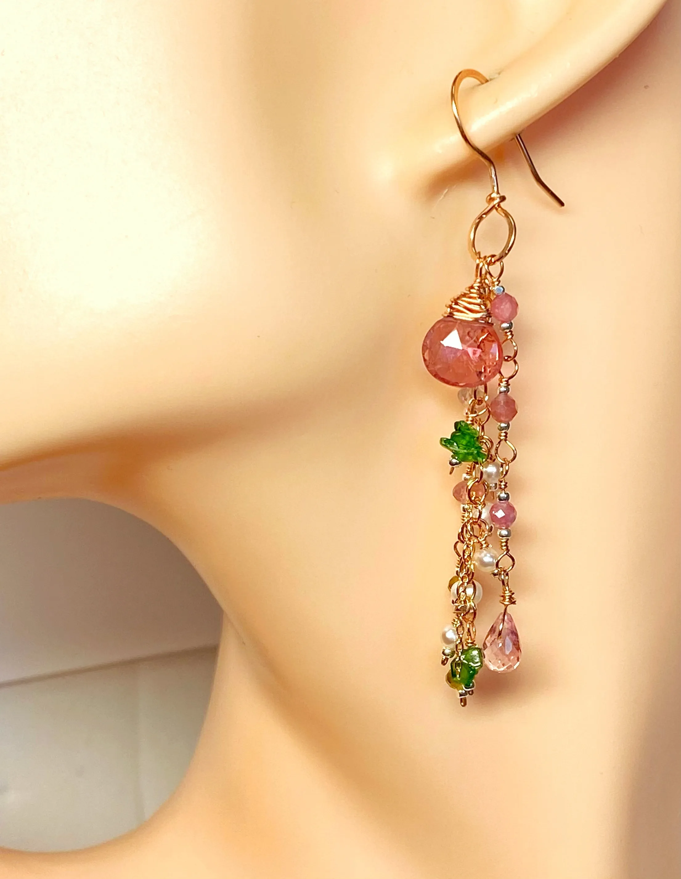 Pink Tourmaline Gemstone Rose Gold Long Dangle Earrings 2