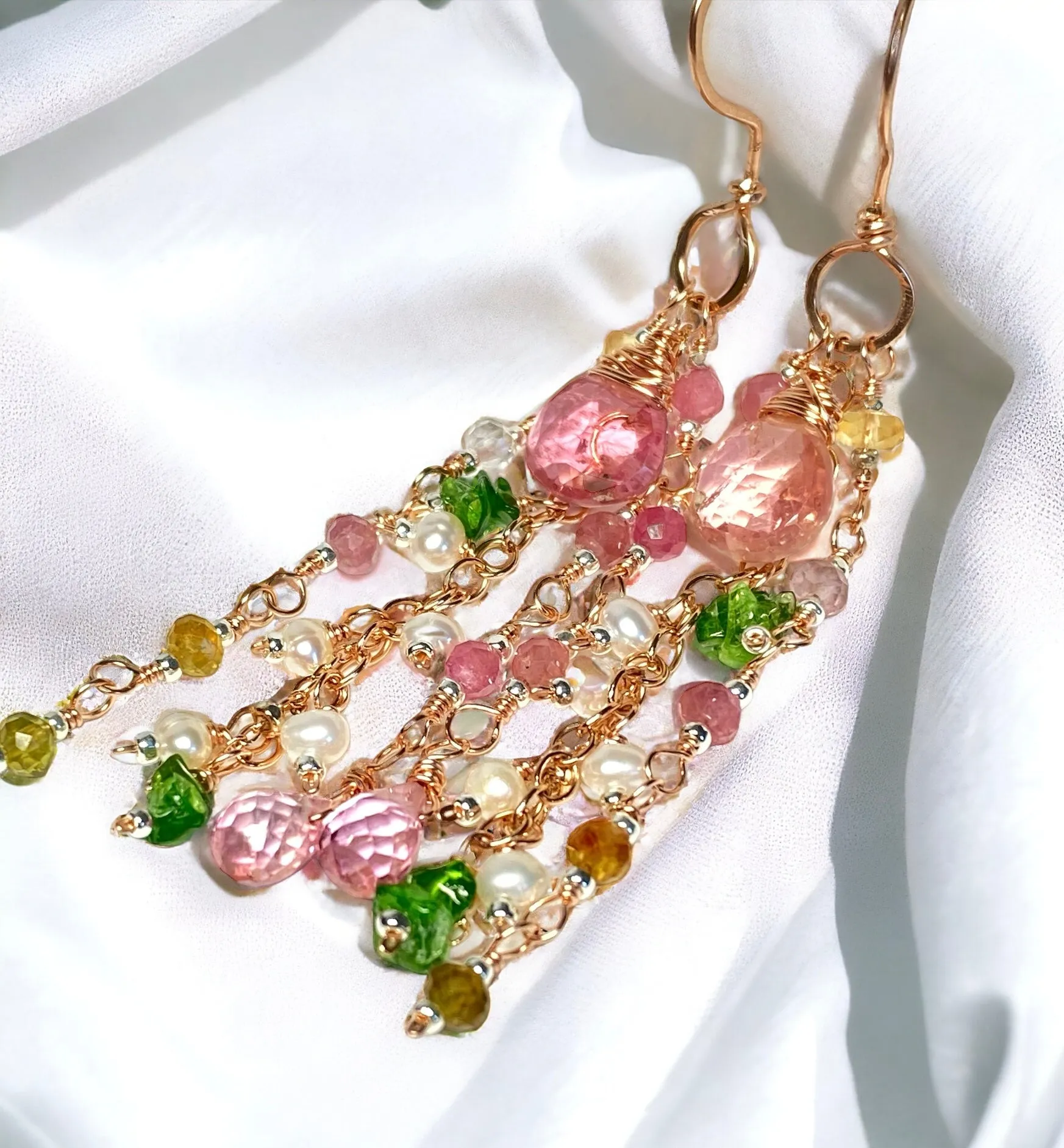 Pink Tourmaline Gemstone Rose Gold Long Dangle Earrings 2
