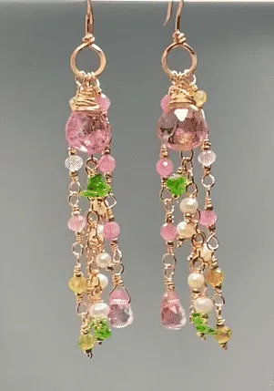Pink Tourmaline Gemstone Rose Gold Long Dangle Earrings 2
