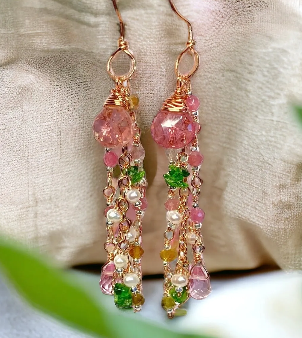 Pink Tourmaline Gemstone Rose Gold Long Dangle Earrings 2