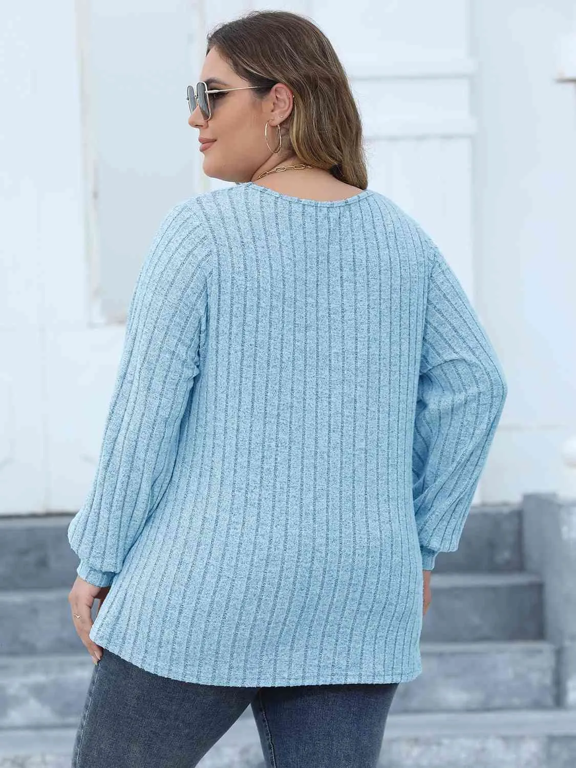Plus Size Ribbed V-Neck Long Sleeve Top (4 Colors)