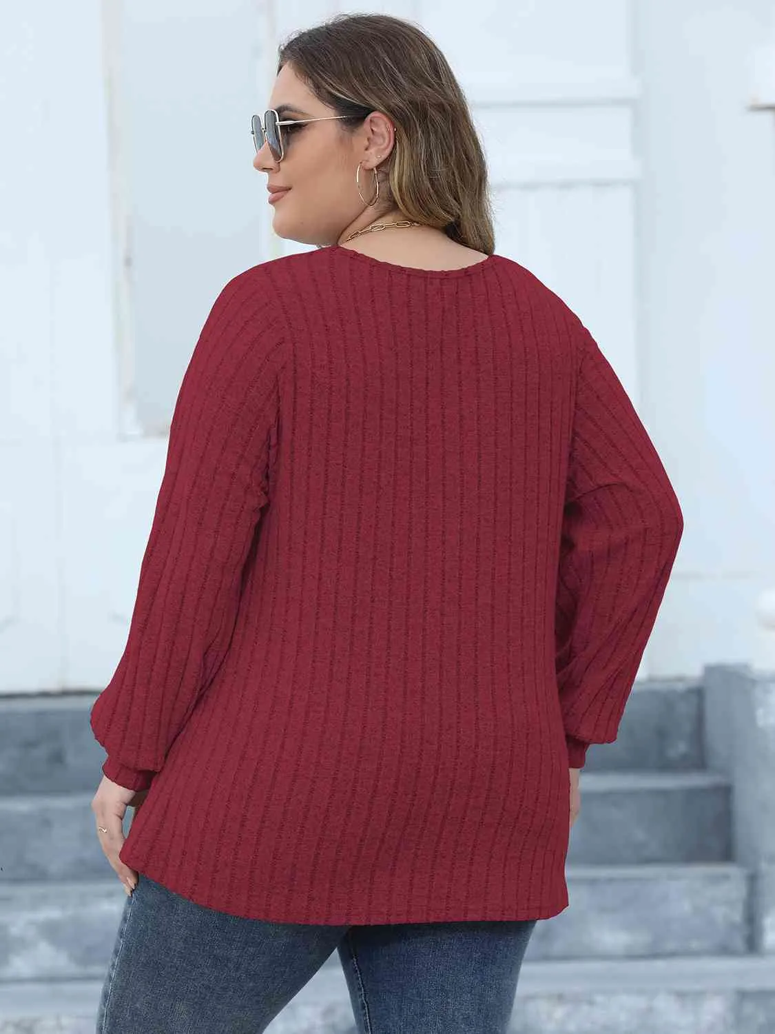 Plus Size Ribbed V-Neck Long Sleeve Top (4 Colors)