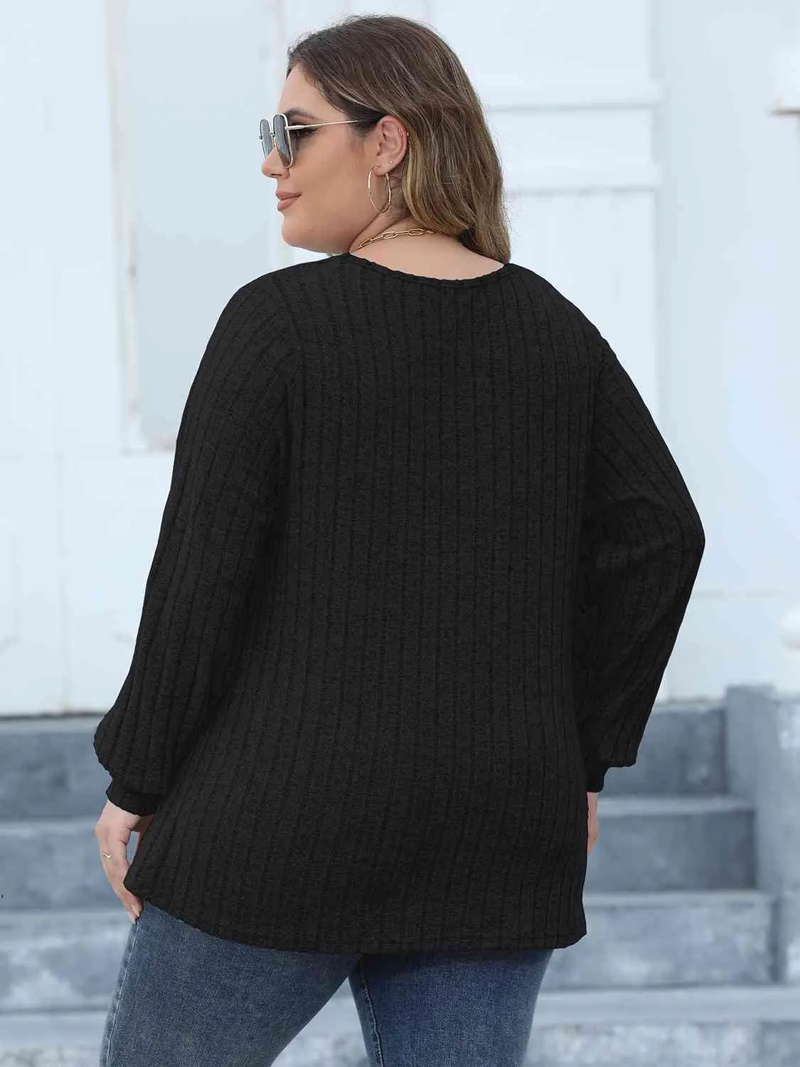 Plus Size Ribbed V-Neck Long Sleeve Top (4 Colors)