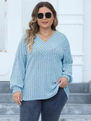 Plus Size Ribbed V-Neck Long Sleeve Top (4 Colors)