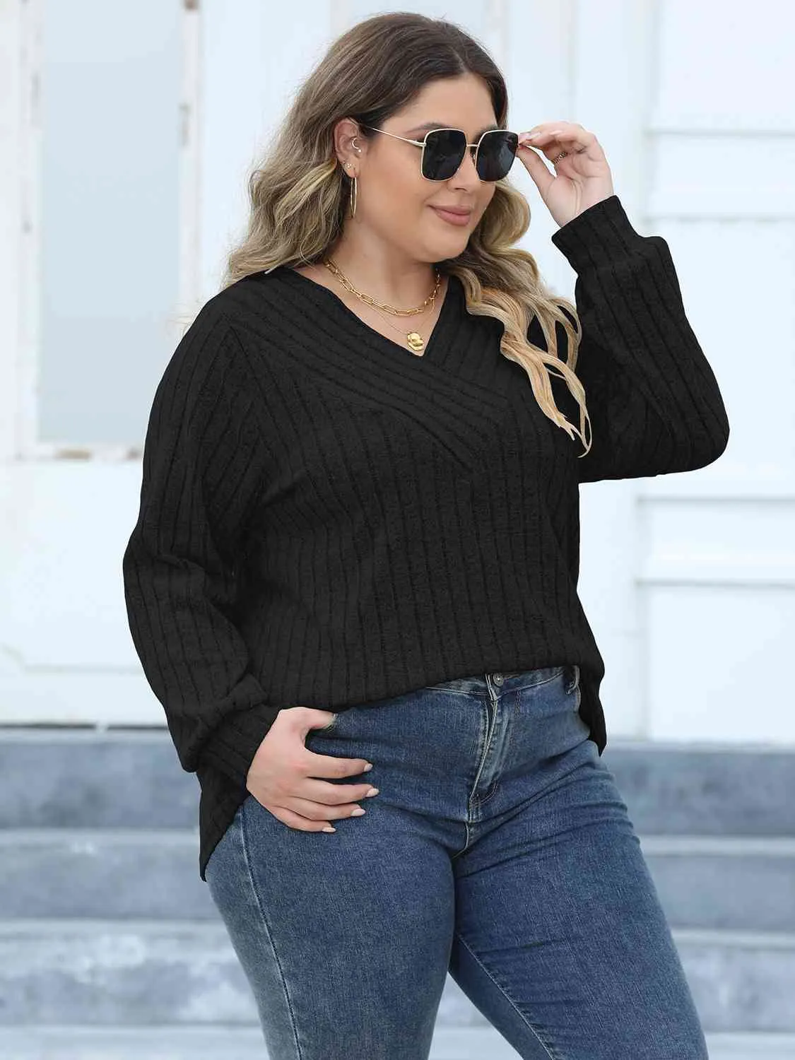 Plus Size Ribbed V-Neck Long Sleeve Top (4 Colors)