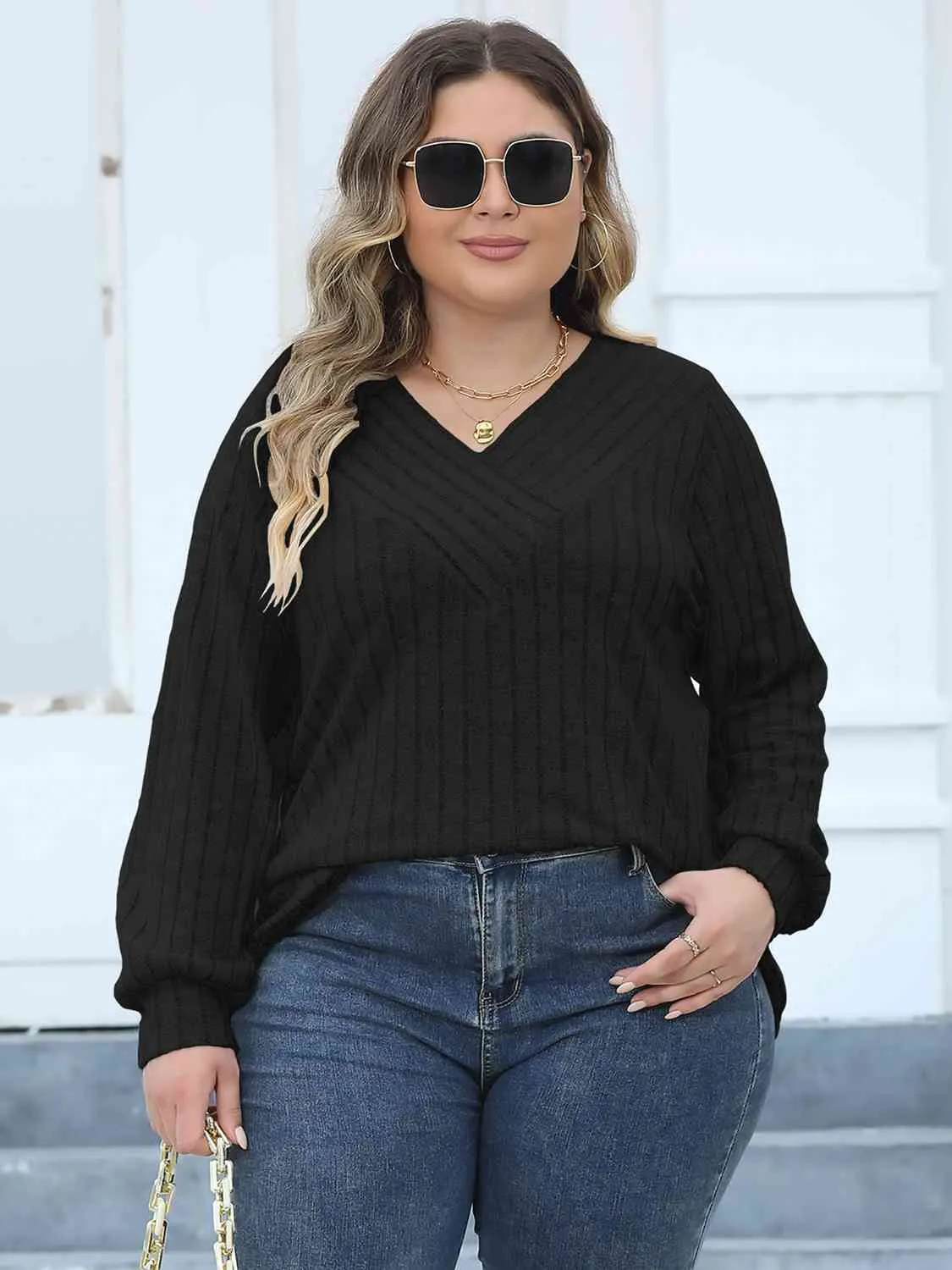 Plus Size Ribbed V-Neck Long Sleeve Top (4 Colors)