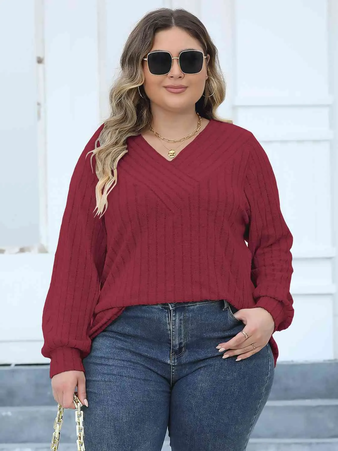 Plus Size Ribbed V-Neck Long Sleeve Top (4 Colors)