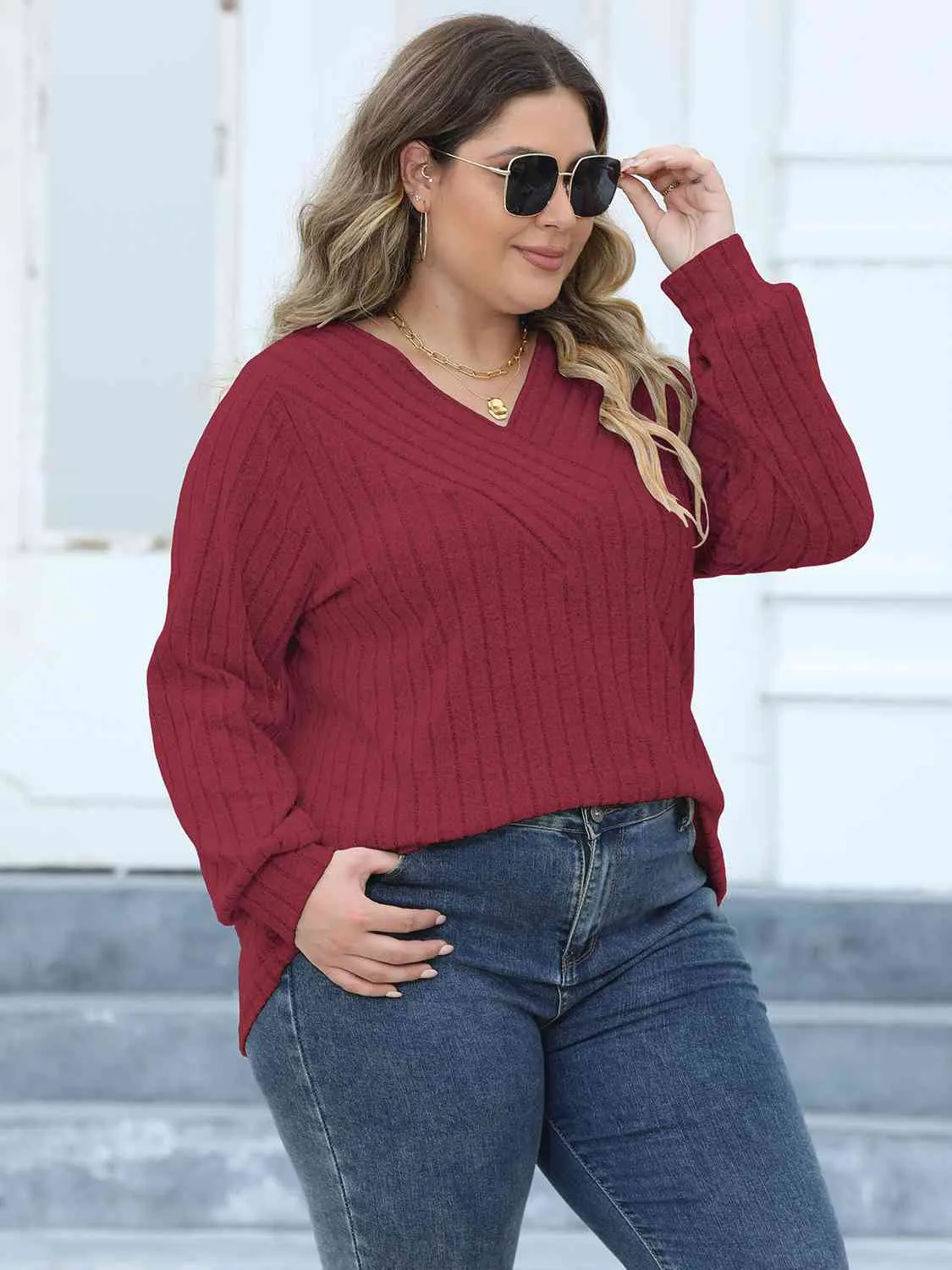 Plus Size Ribbed V-Neck Long Sleeve Top (4 Colors)