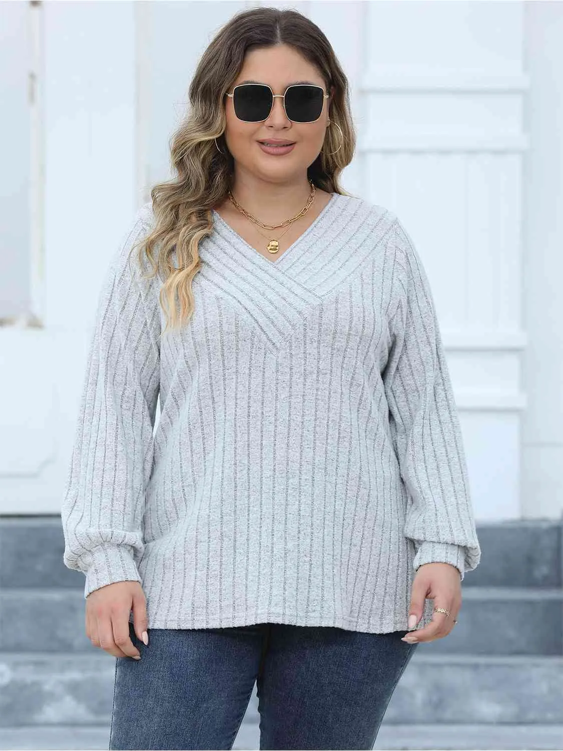 Plus Size Ribbed V-Neck Long Sleeve Top (4 Colors)