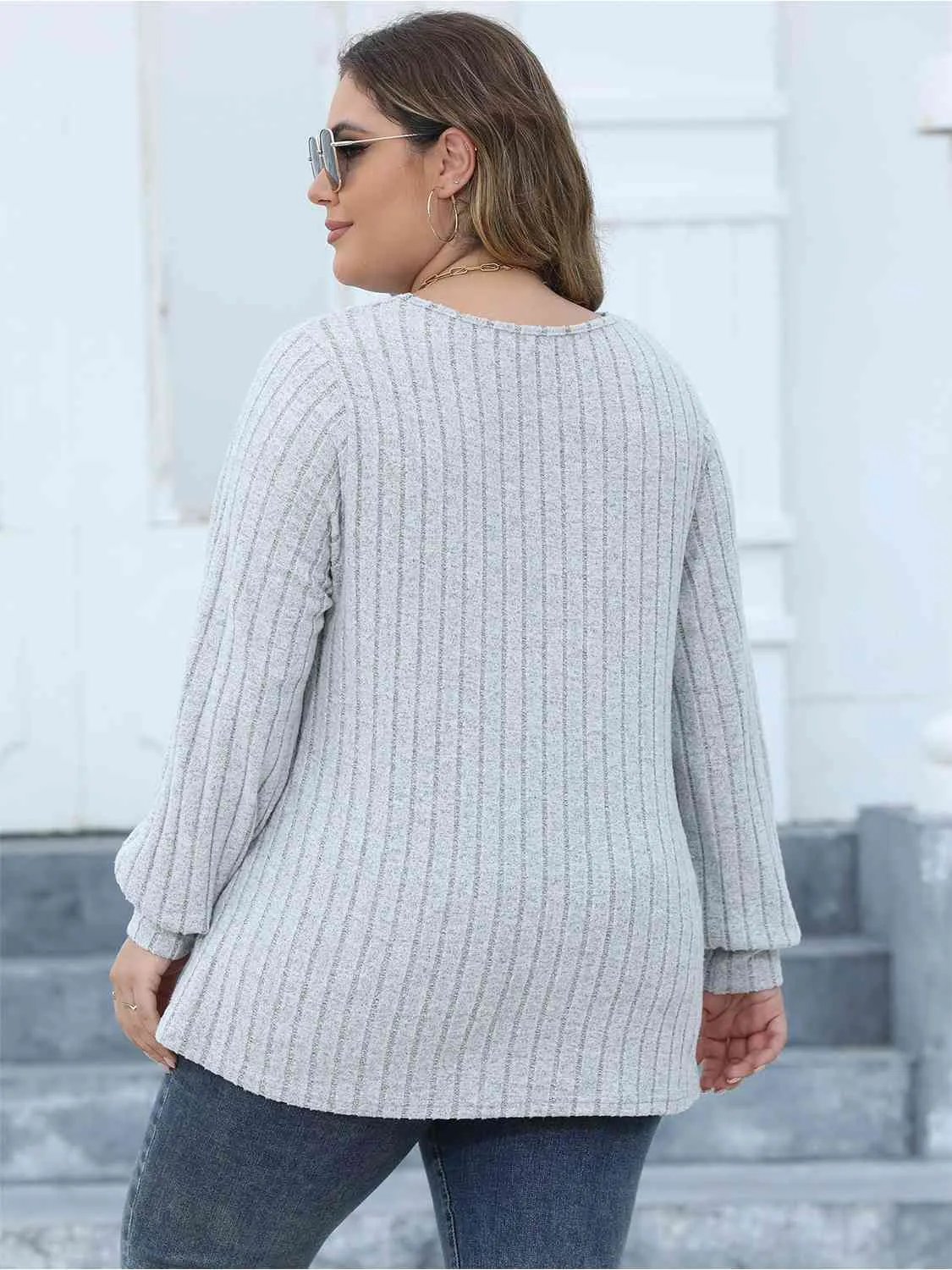 Plus Size Ribbed V-Neck Long Sleeve Top (4 Colors)