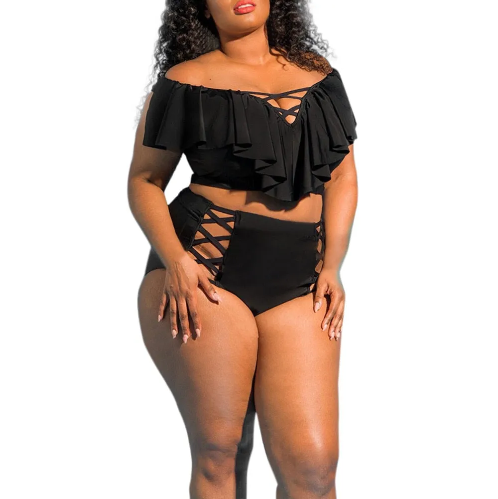 Plus Size Women Solid Bikini Set Push-Up Padded Bathing Swimwear Swimsuit