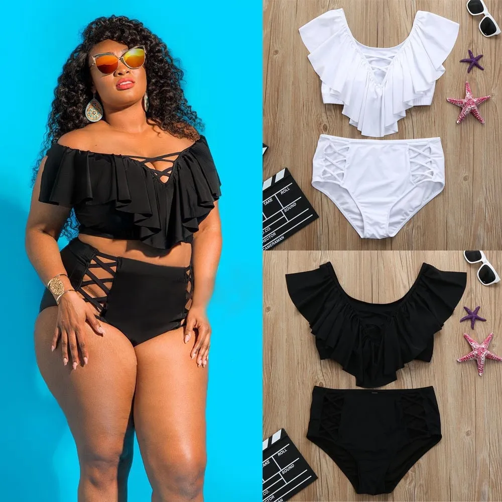 Plus Size Women Solid Bikini Set Push-Up Padded Bathing Swimwear Swimsuit