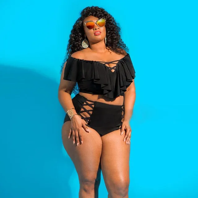 Plus Size Women Solid Bikini Set Push-Up Padded Bathing Swimwear Swimsuit