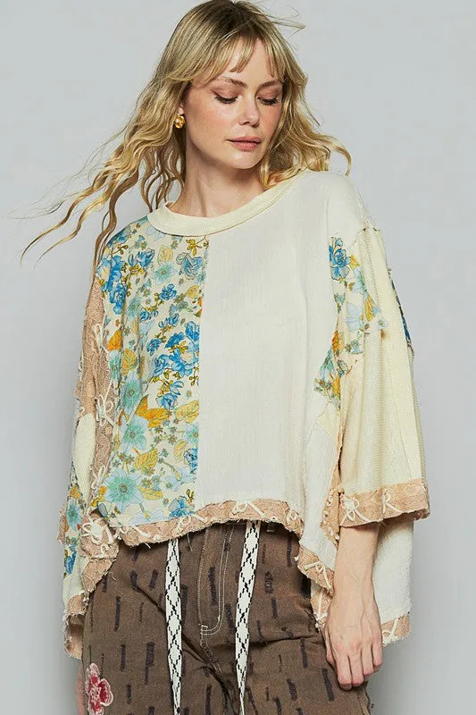 POL Floral Lace Patch Round Neck Double Gauze Top