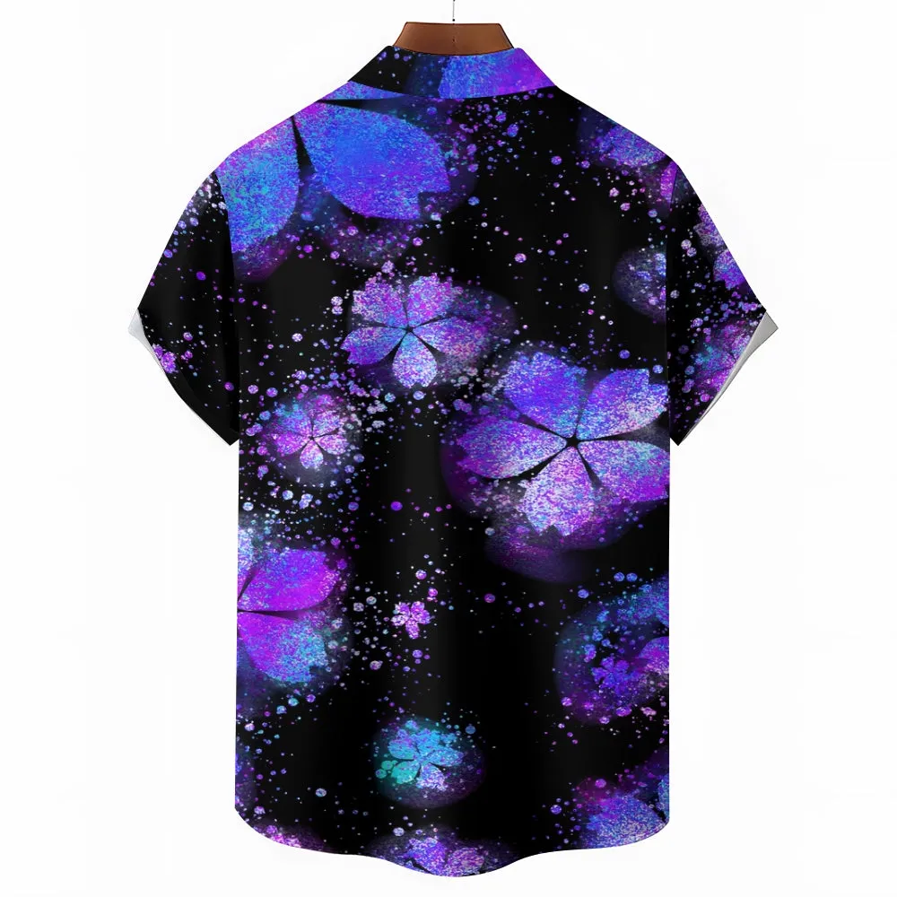 Purple Glitter Cherry Blossom Casual Short Sleeve Shirt 2412005458