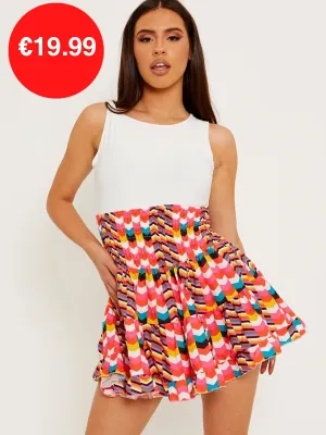 Red Multi Coloured Shirred Waist Boho Skirt