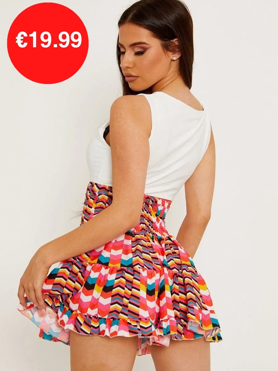 Red Multi Coloured Shirred Waist Boho Skirt
