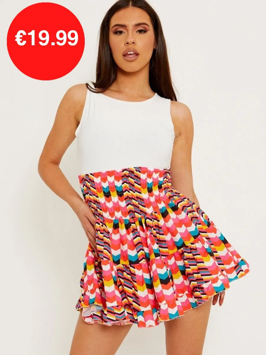 Red Multi Coloured Shirred Waist Boho Skirt