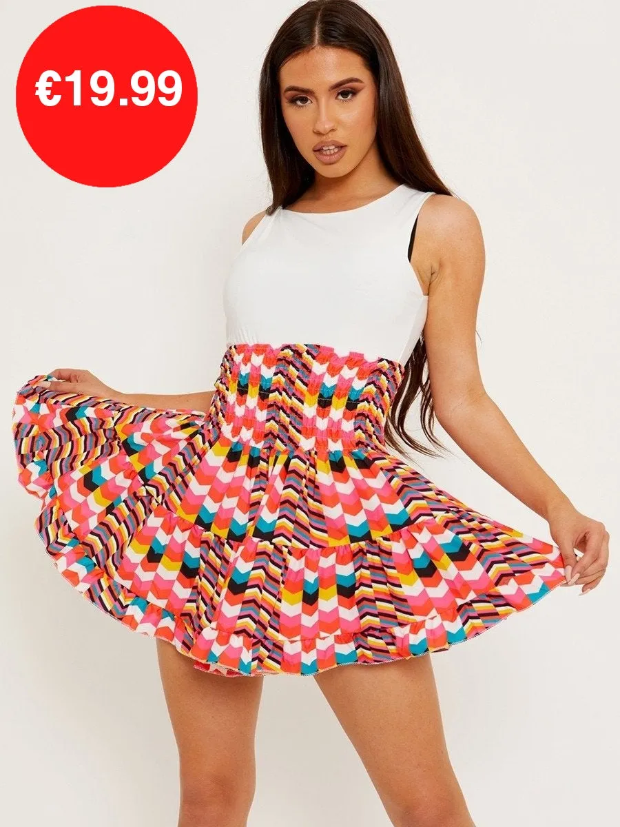 Red Multi Coloured Shirred Waist Boho Skirt