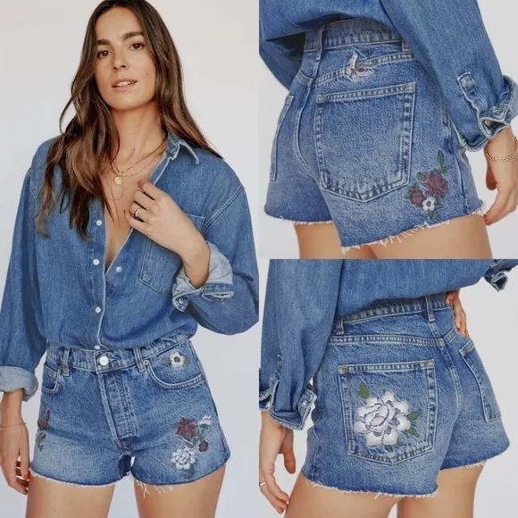 Reformation Floral Fauna Embroidery Charlie High Rise Jean Shorts Size 25 NWOT