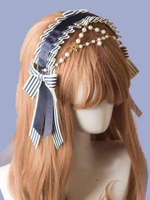 ROCOCO Style Lolita Accessories Blue Pearls Chains Polyester Headwear Stripes Miscellaneous