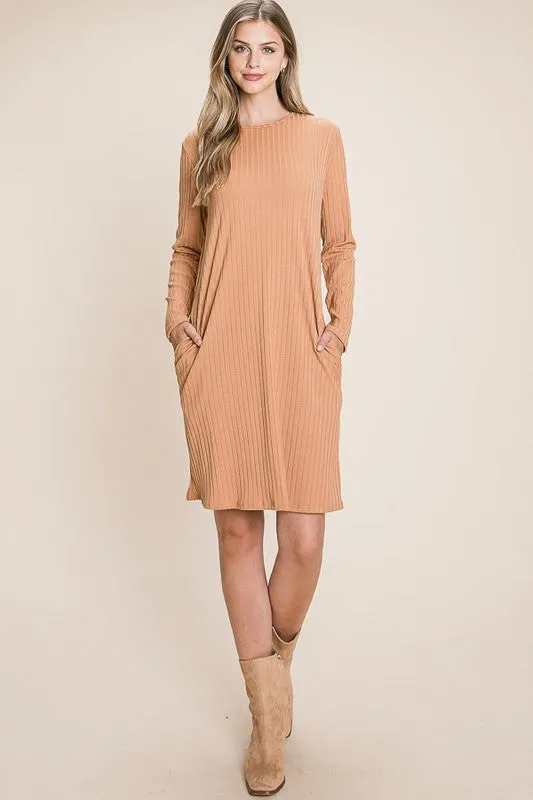 Round Neck Long Sleeve Ribbed Knit Dress