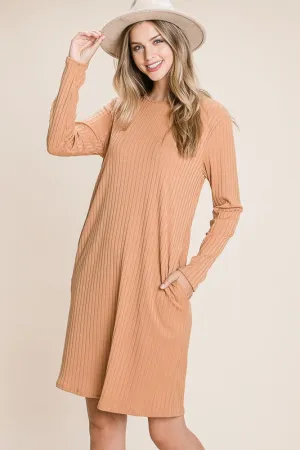 Round Neck Long Sleeve Ribbed Knit Dress